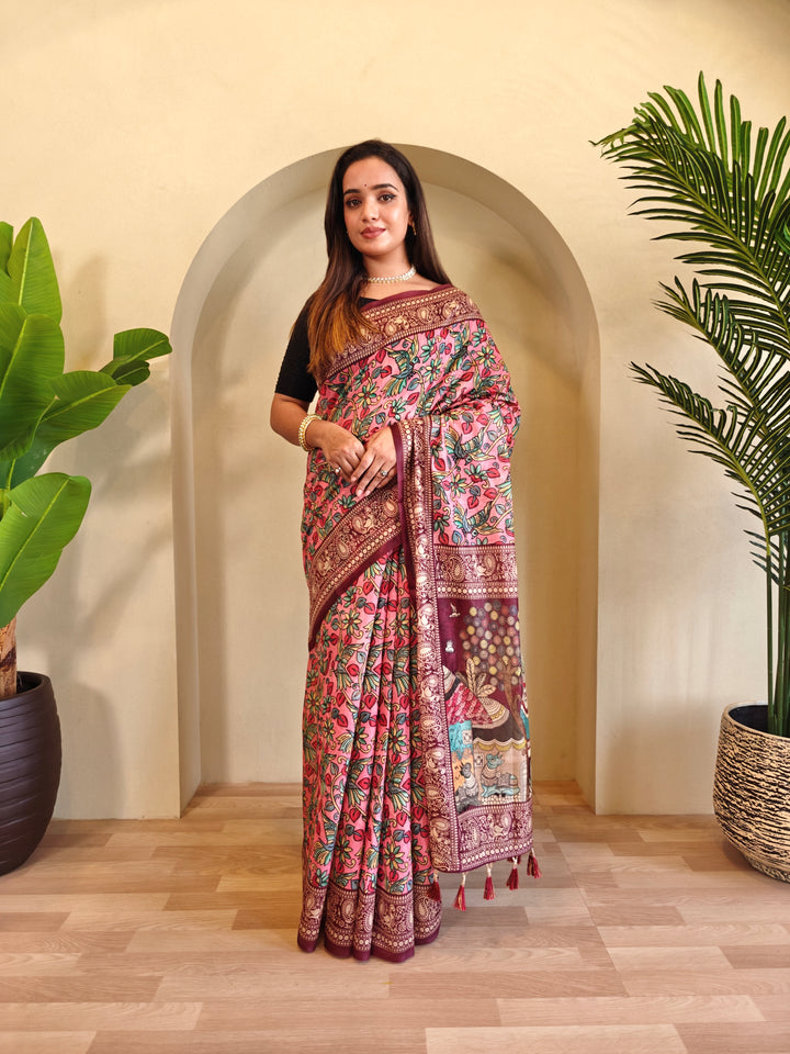 Pink Chanderi Cotton Kalamkari Printed Saree - Madhu