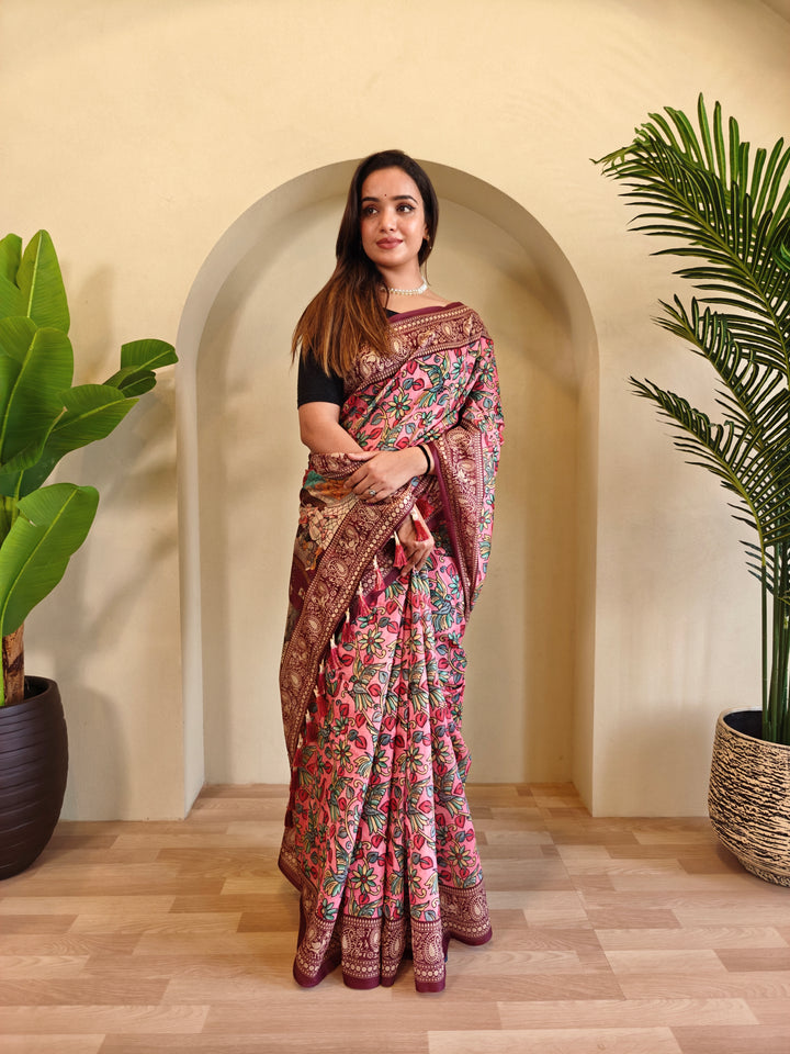 Pink Chanderi Cotton Kalamkari Printed Saree - Madhu