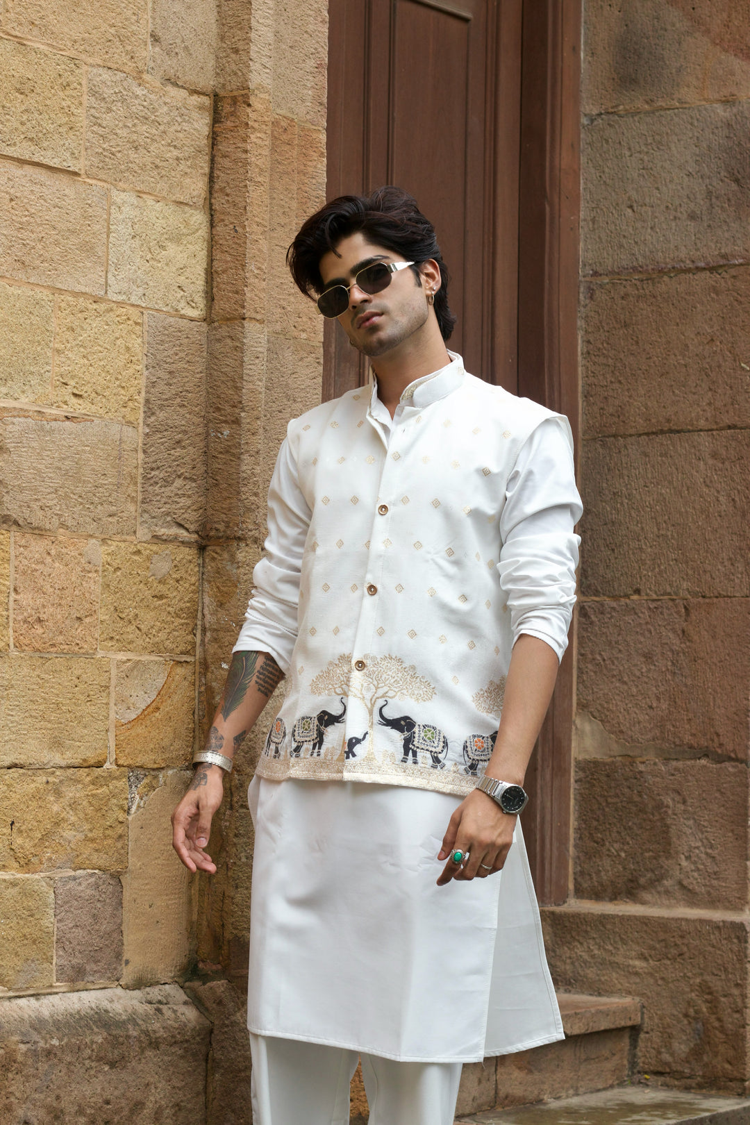 ELEPHANT PATTERN JACQUARD KOTI KURTA SET