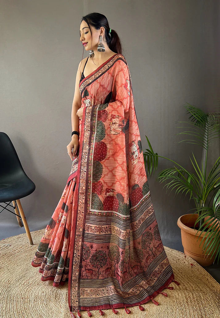 1 MIN Ready To Wear Cotton Kalamkari Printed Saree Slight Orange - Kalpini