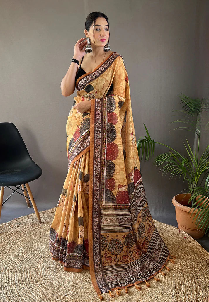 1 MIN Ready To Wear Cotton Kalamkari Printed Saree Yellow - Kalpini