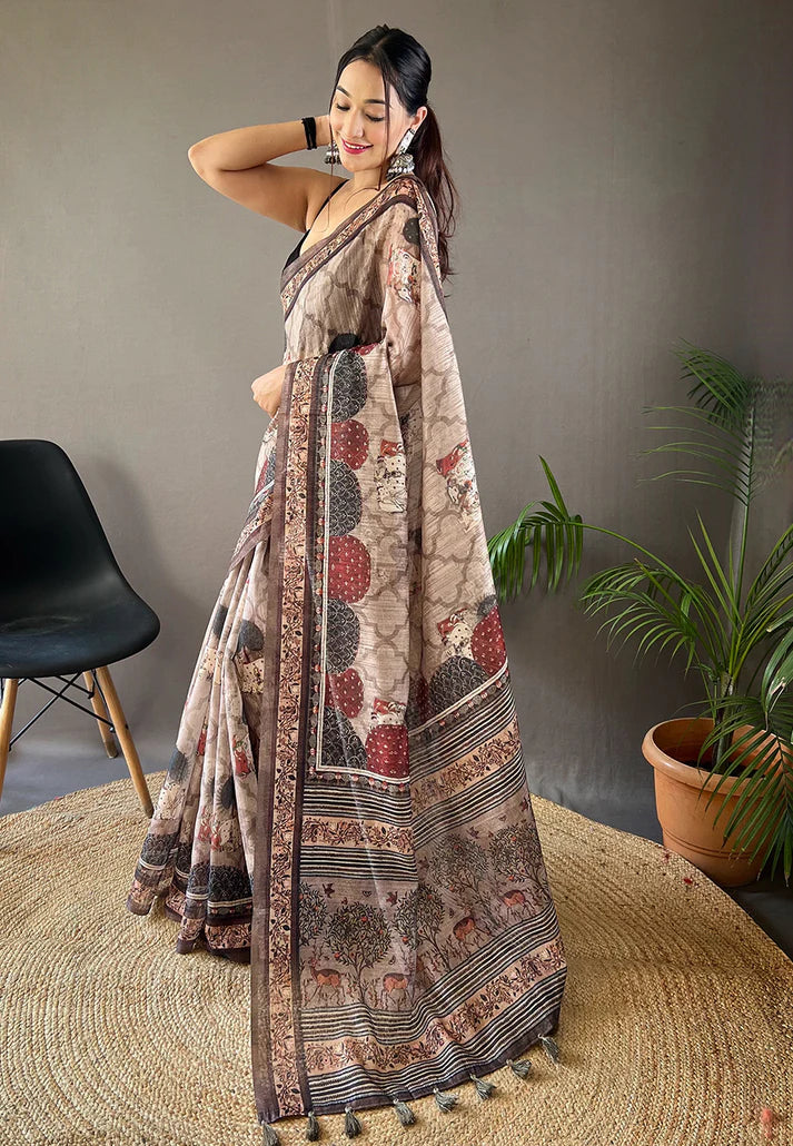 1 MIN Ready To Wear Cotton Kalamkari Printed Saree Grey - Kalpini