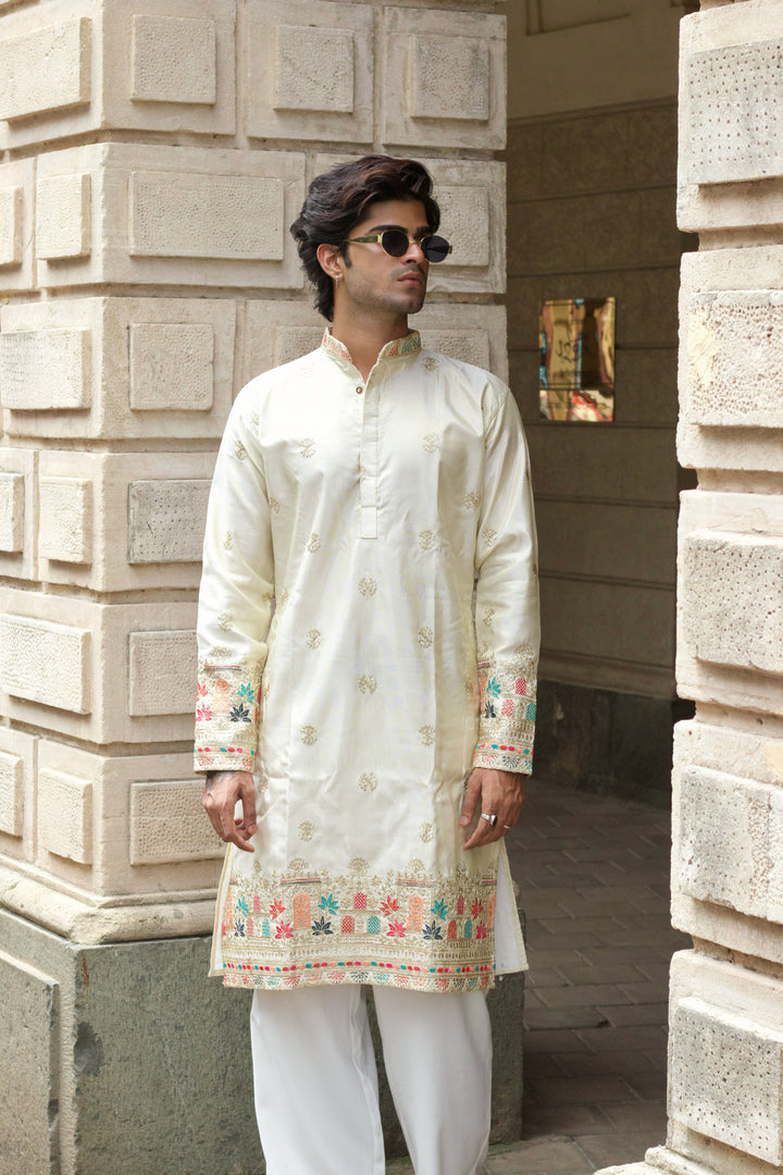 RAJ MAHAL IVORY EMBROIDERED KURTA
