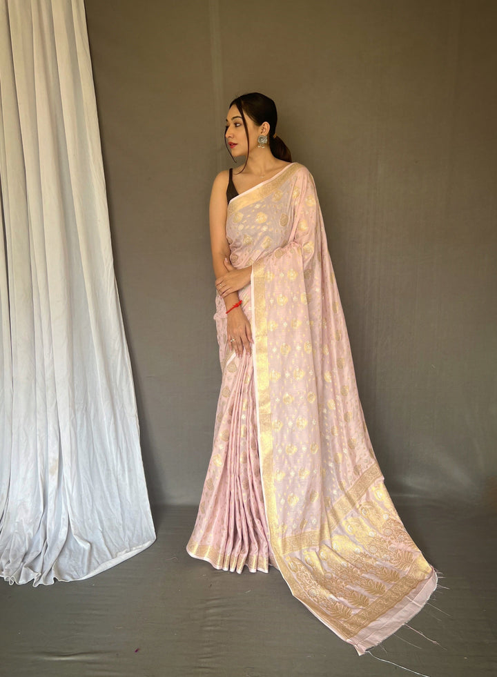 Baby Pink Hasti Cotton Muslin Woven Saree