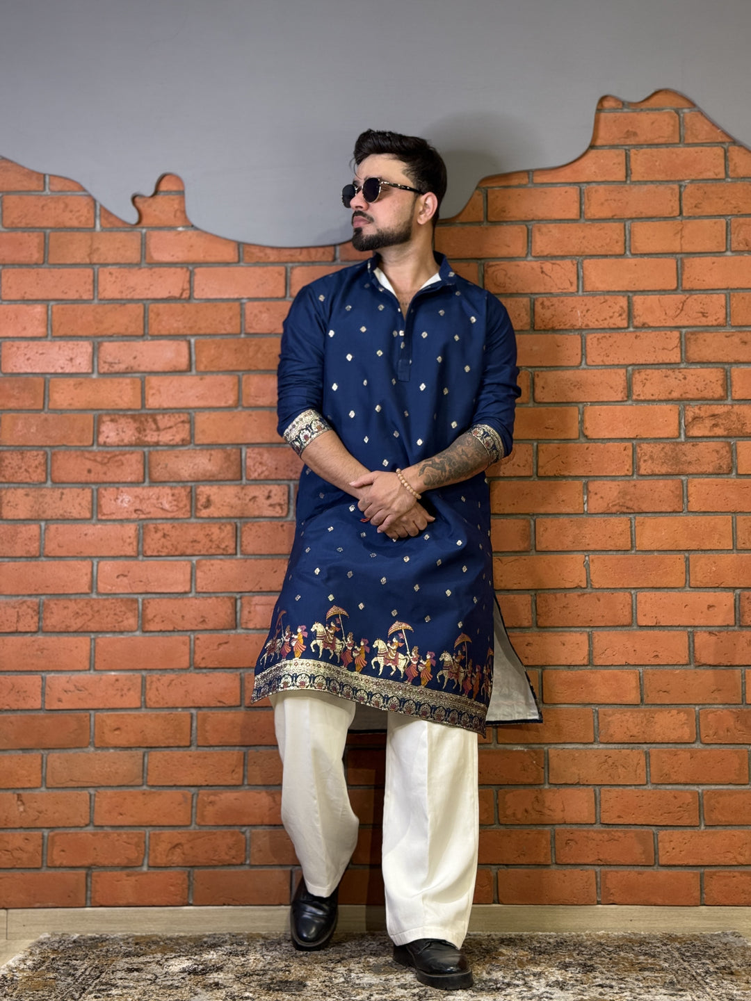 NAVY BLUE ROYAL BARAAT WHITE JACQUARD DESIGNER KURTA
