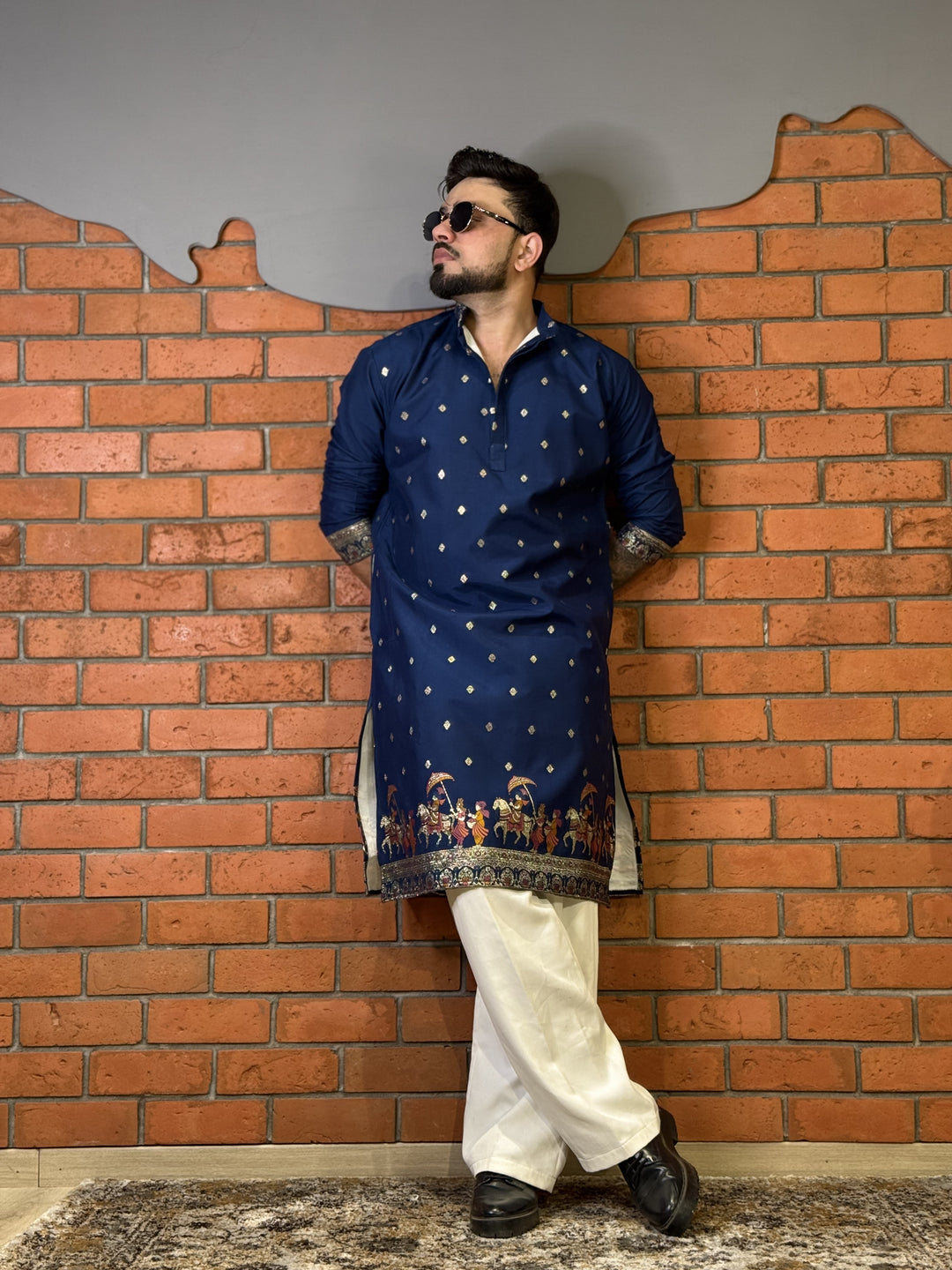 NAVY BLUE ROYAL BARAAT WHITE JACQUARD DESIGNER KURTA