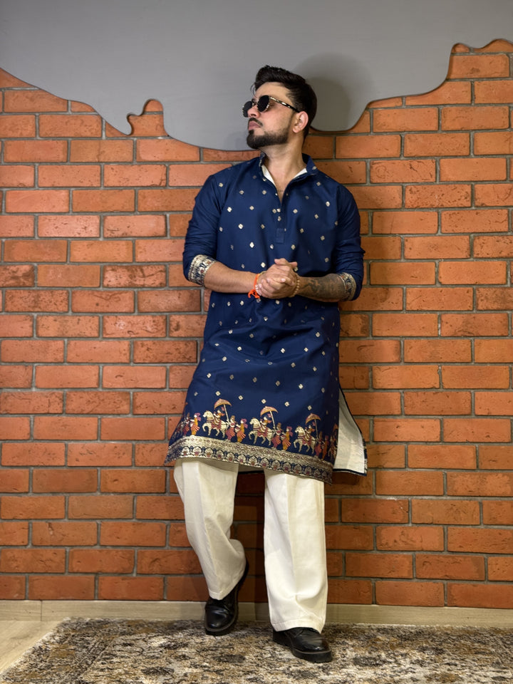 NAVY BLUE ROYAL BARAAT WHITE JACQUARD DESIGNER KURTA