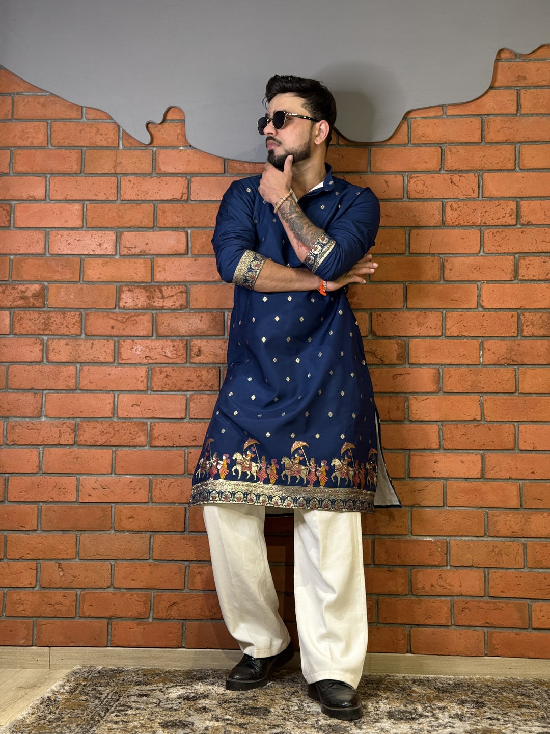 NAVY BLUE ROYAL BARAAT WHITE JACQUARD DESIGNER KURTA