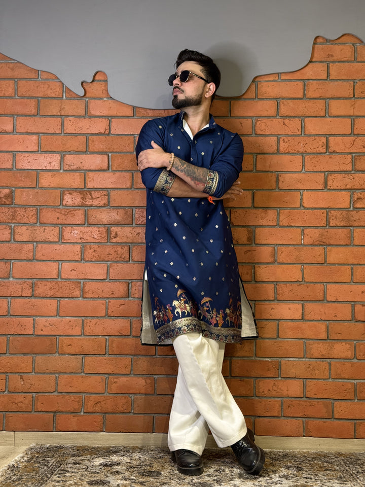 NAVY BLUE ROYAL BARAAT WHITE JACQUARD DESIGNER KURTA
