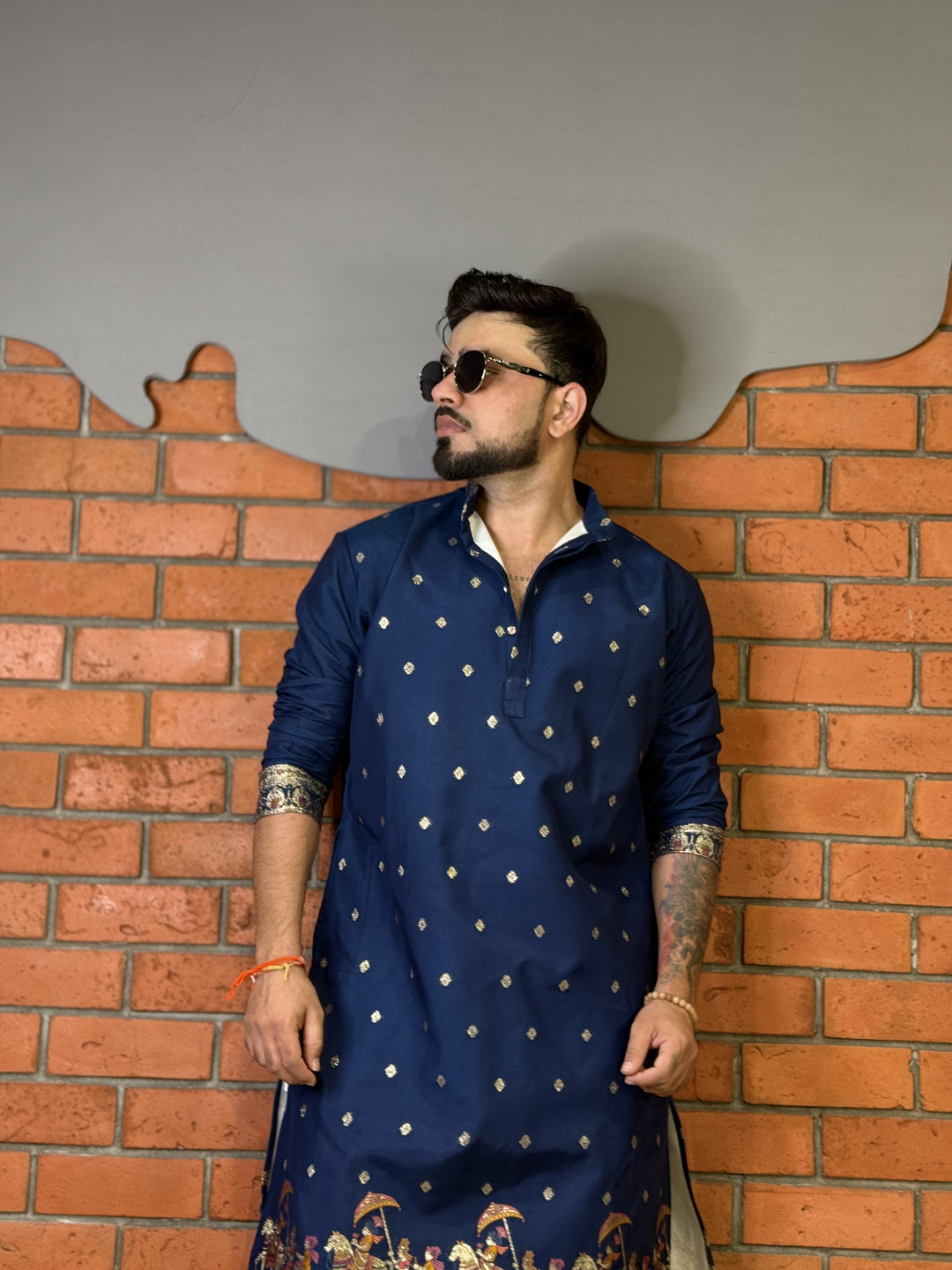 NAVY BLUE ROYAL BARAAT WHITE JACQUARD DESIGNER KURTA
