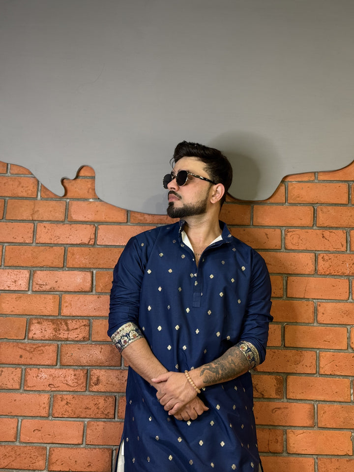 NAVY BLUE ROYAL BARAAT WHITE JACQUARD DESIGNER KURTA