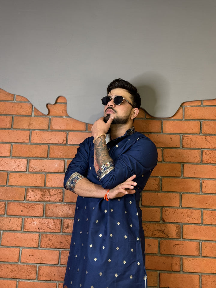 NAVY BLUE ROYAL BARAAT WHITE JACQUARD DESIGNER KURTA