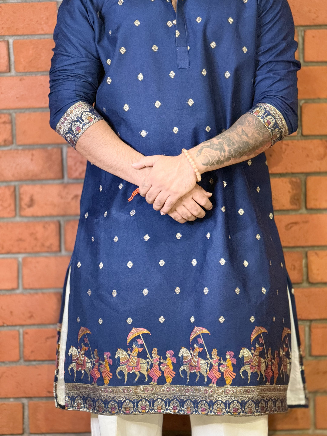 NAVY BLUE ROYAL BARAAT WHITE JACQUARD DESIGNER KURTA