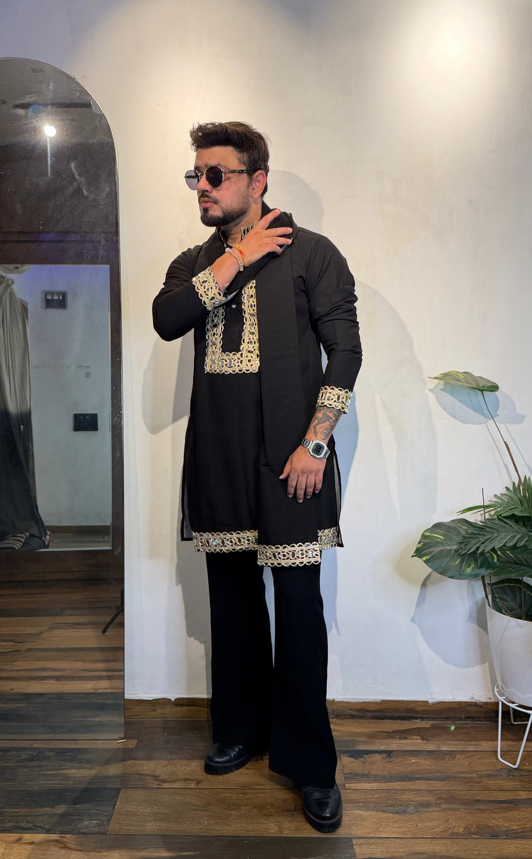 BLACK MIRROR EMBOLISHED ARMANI  DESIGNER SHORT KURTA WITH DUPATTA