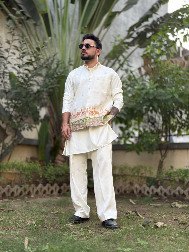 KOTI KURTA - CAMEL FLORAL JACQUARD KOTI KURTA SET