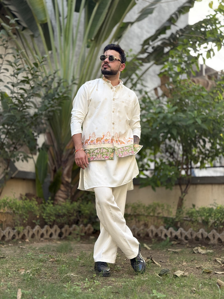 KOTI KURTA - CAMEL FLORAL JACQUARD KOTI KURTA SET