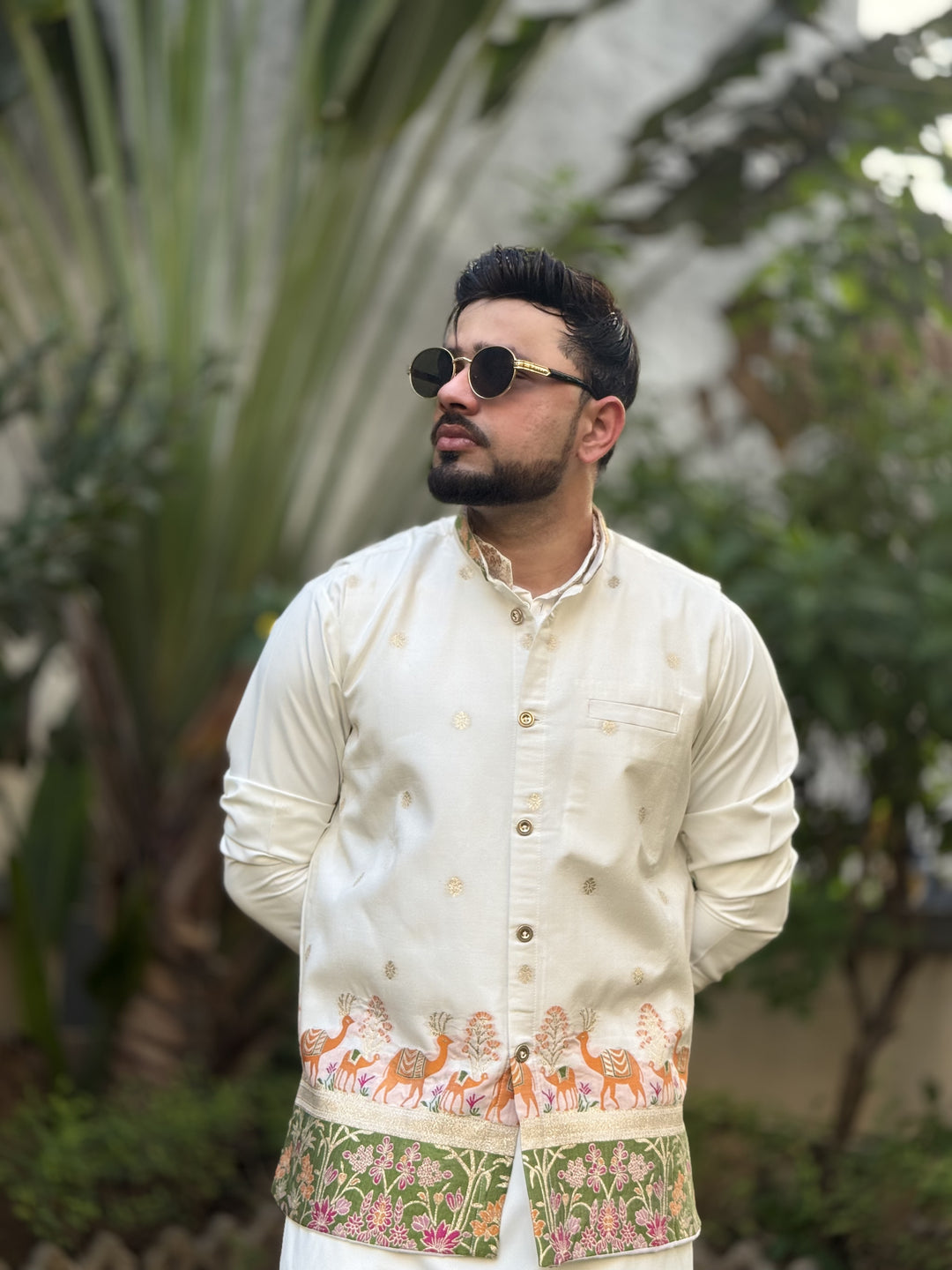 KOTI KURTA - CAMEL FLORAL JACQUARD KOTI KURTA SET
