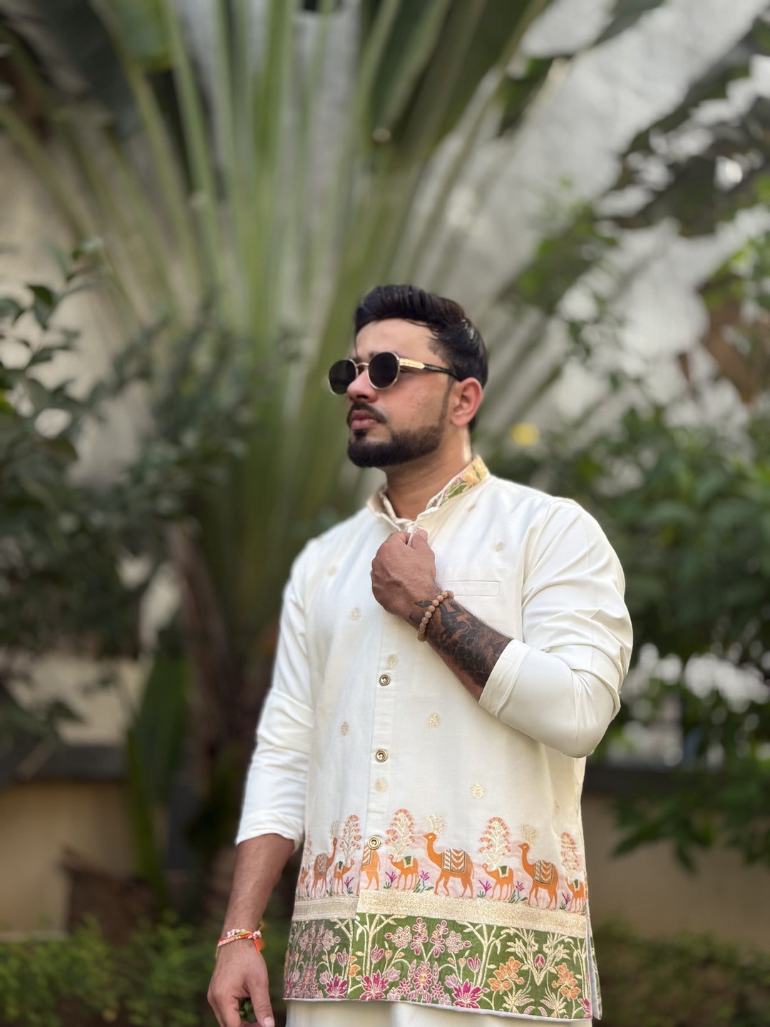 KOTI KURTA - CAMEL FLORAL JACQUARD KOTI KURTA SET