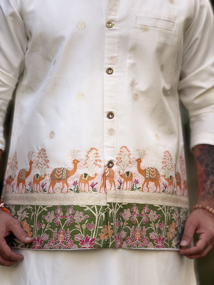 KOTI KURTA - CAMEL FLORAL JACQUARD KOTI KURTA SET