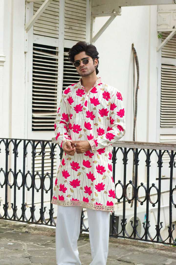 LOTUS PATTERN CREAM PRINTED DESIGNER KURTA