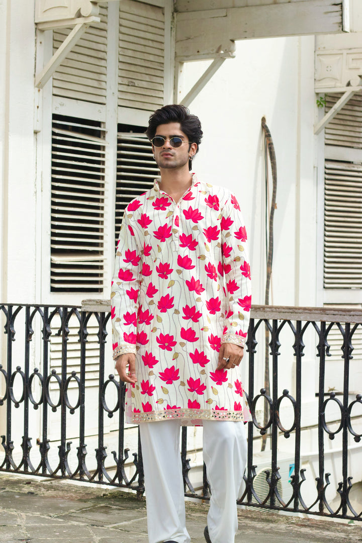 LOTUS PATTERN CREAM PRINTED DESIGNER KURTA