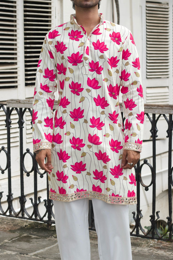 LOTUS PATTERN CREAM PRINTED DESIGNER KURTA