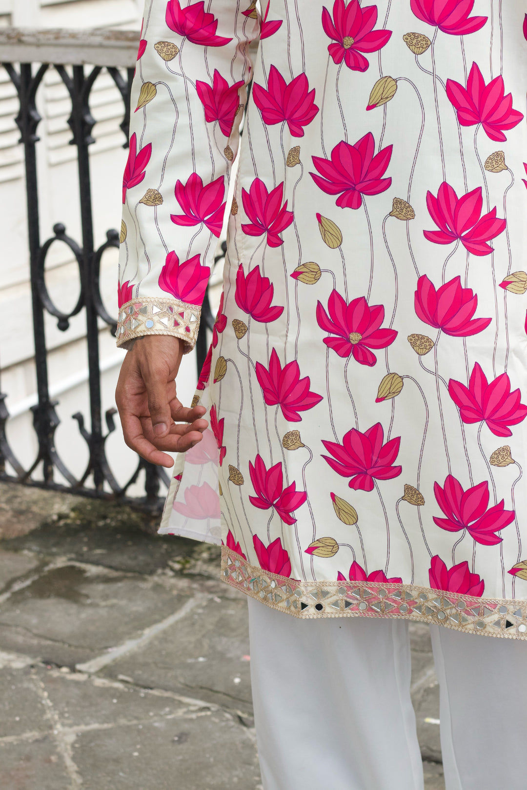 LOTUS PATTERN CREAM PRINTED DESIGNER KURTA