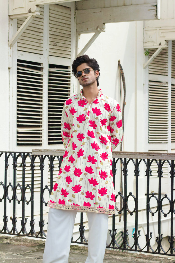 LOTUS PATTERN CREAM PRINTED DESIGNER KURTA