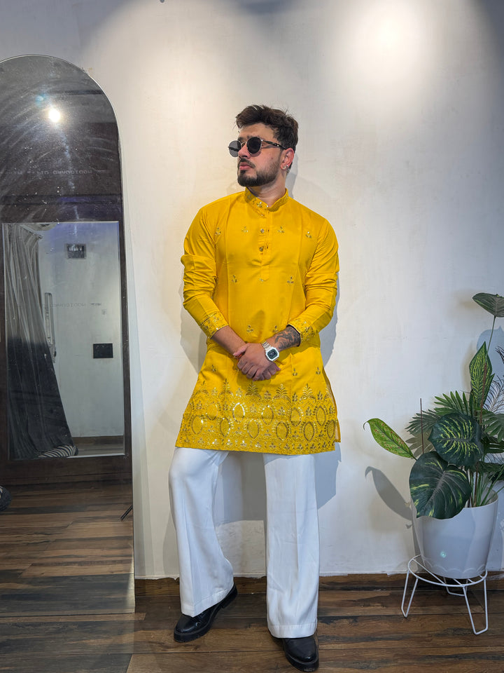YELLOW JASHN EMBROIDERED SHORT KURTA