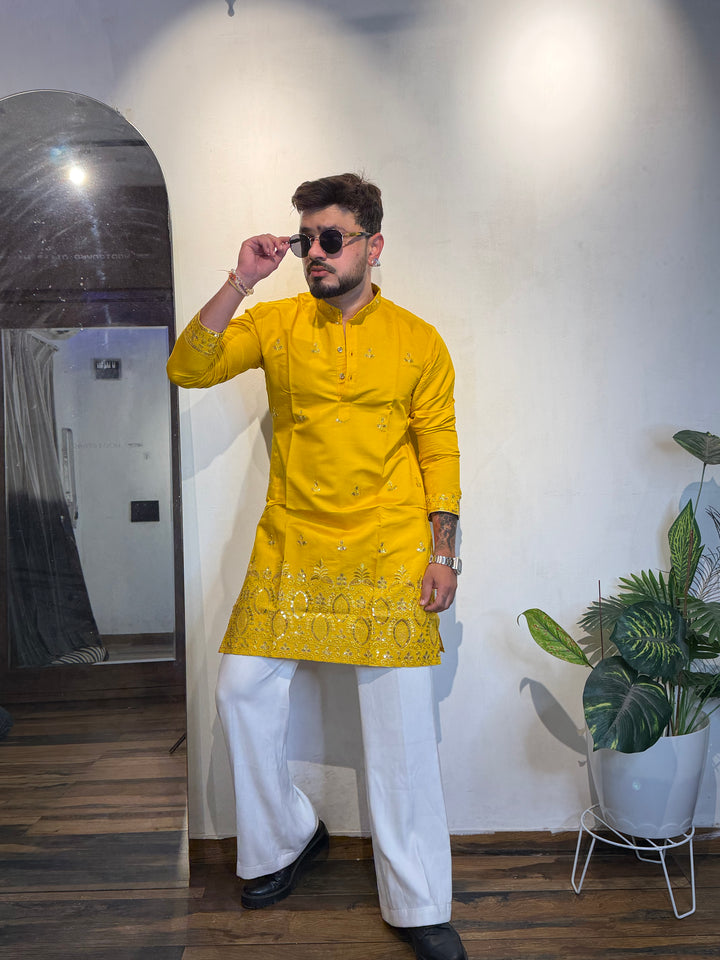 YELLOW JASHN EMBROIDERED SHORT KURTA