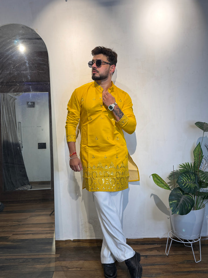 YELLOW JASHN EMBROIDERED SHORT KURTA