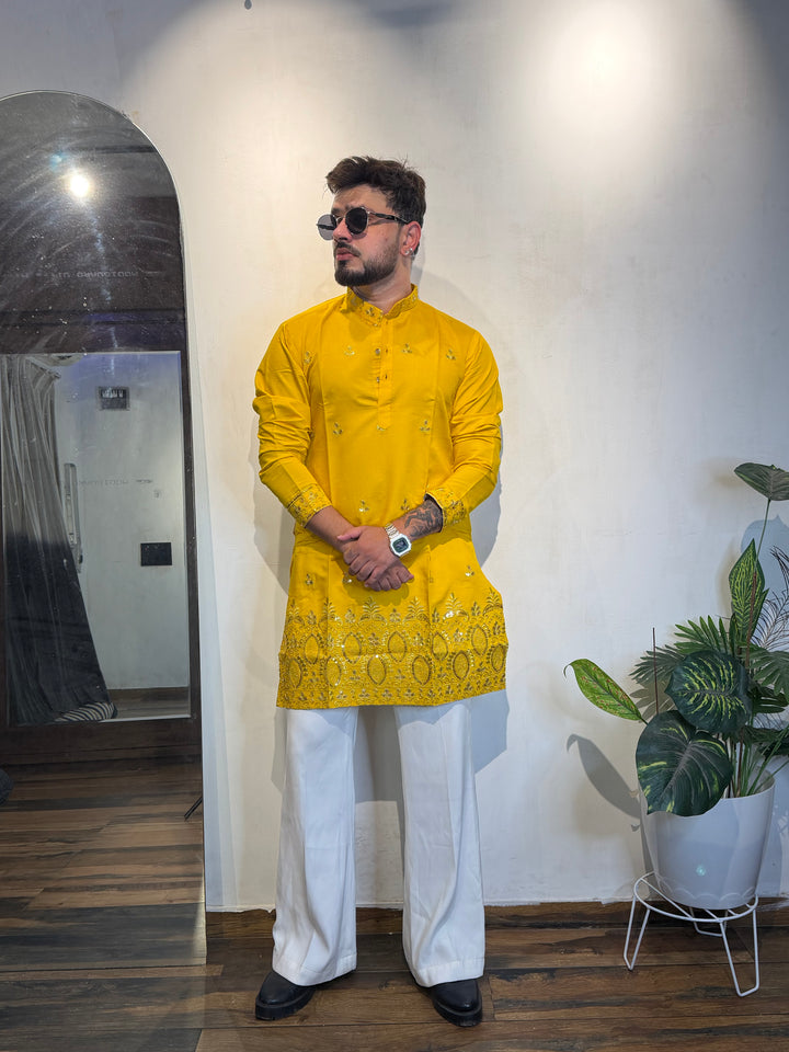 YELLOW JASHN EMBROIDERED SHORT KURTA