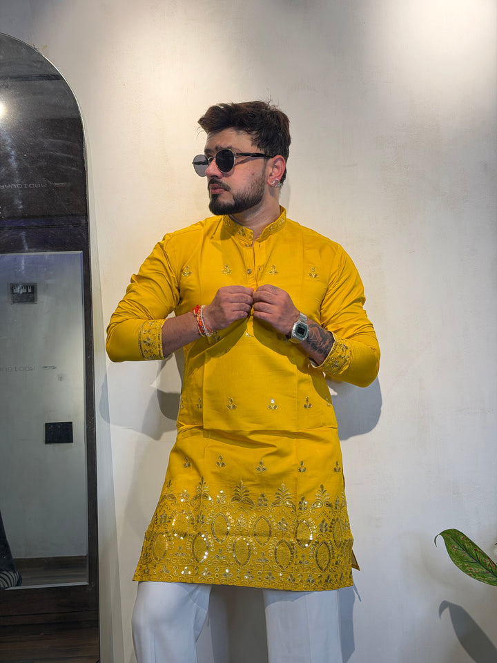 YELLOW JASHN EMBROIDERED SHORT KURTA
