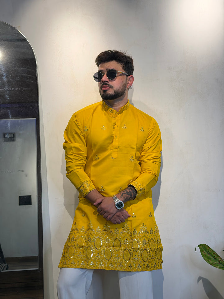 YELLOW JASHN EMBROIDERED SHORT KURTA