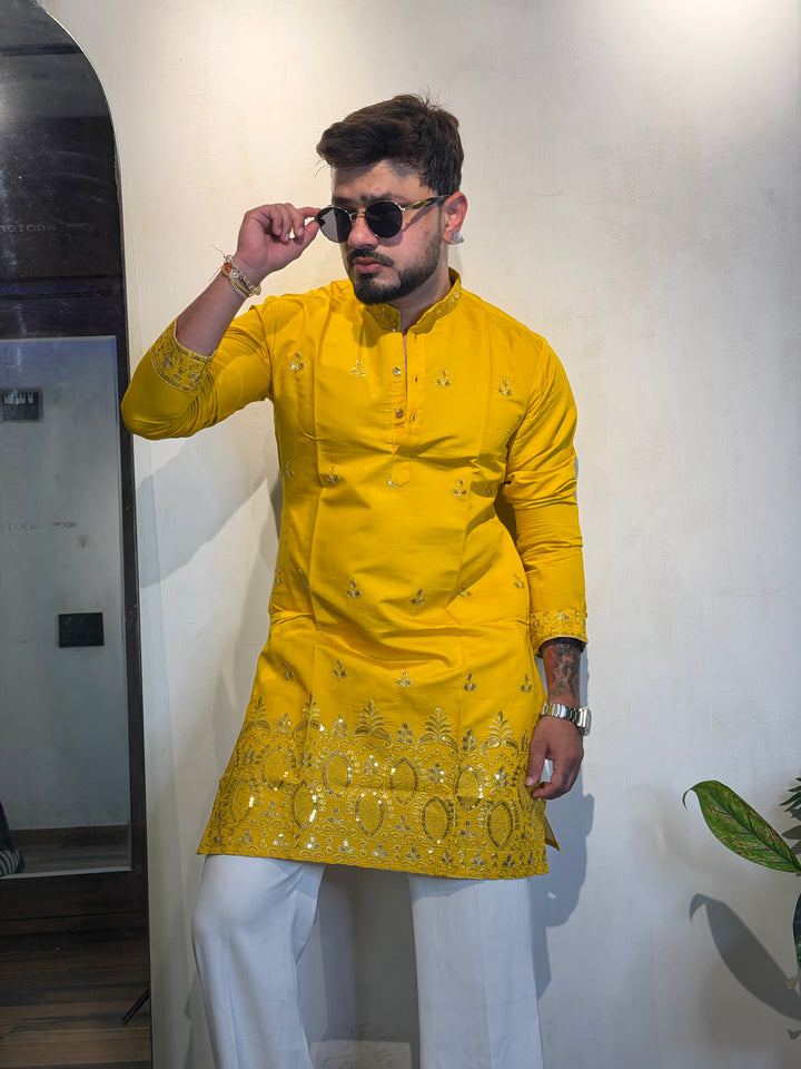 YELLOW JASHN EMBROIDERED SHORT KURTA