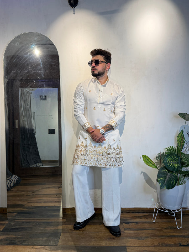 WHITE JASHN EMBROIDERED SHORT KURTA
