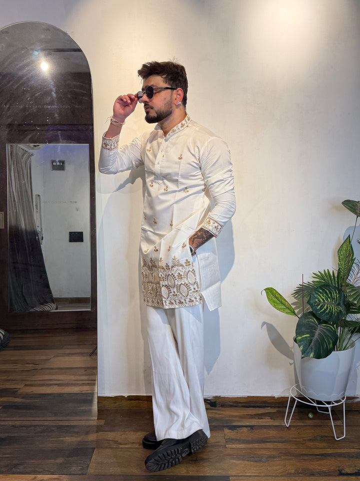 WHITE JASHN EMBROIDERED SHORT KURTA