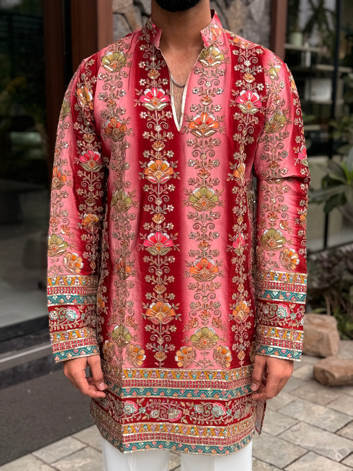RED FLORAL POSITION EMBROIDERED KURTA