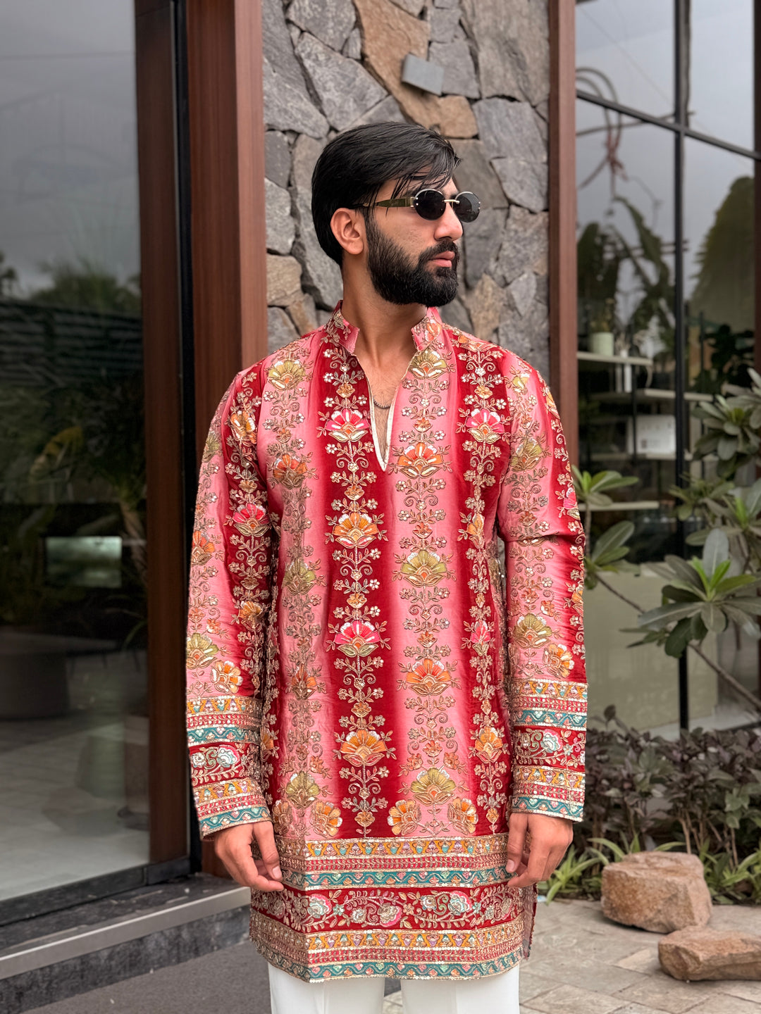 RED FLORAL POSITION EMBROIDERED KURTA