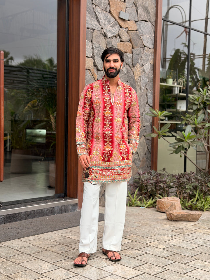 RED FLORAL POSITION EMBROIDERED KURTA
