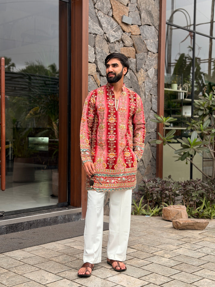 RED FLORAL POSITION EMBROIDERED KURTA