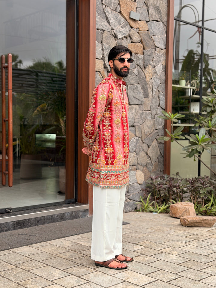 RED FLORAL POSITION EMBROIDERED KURTA