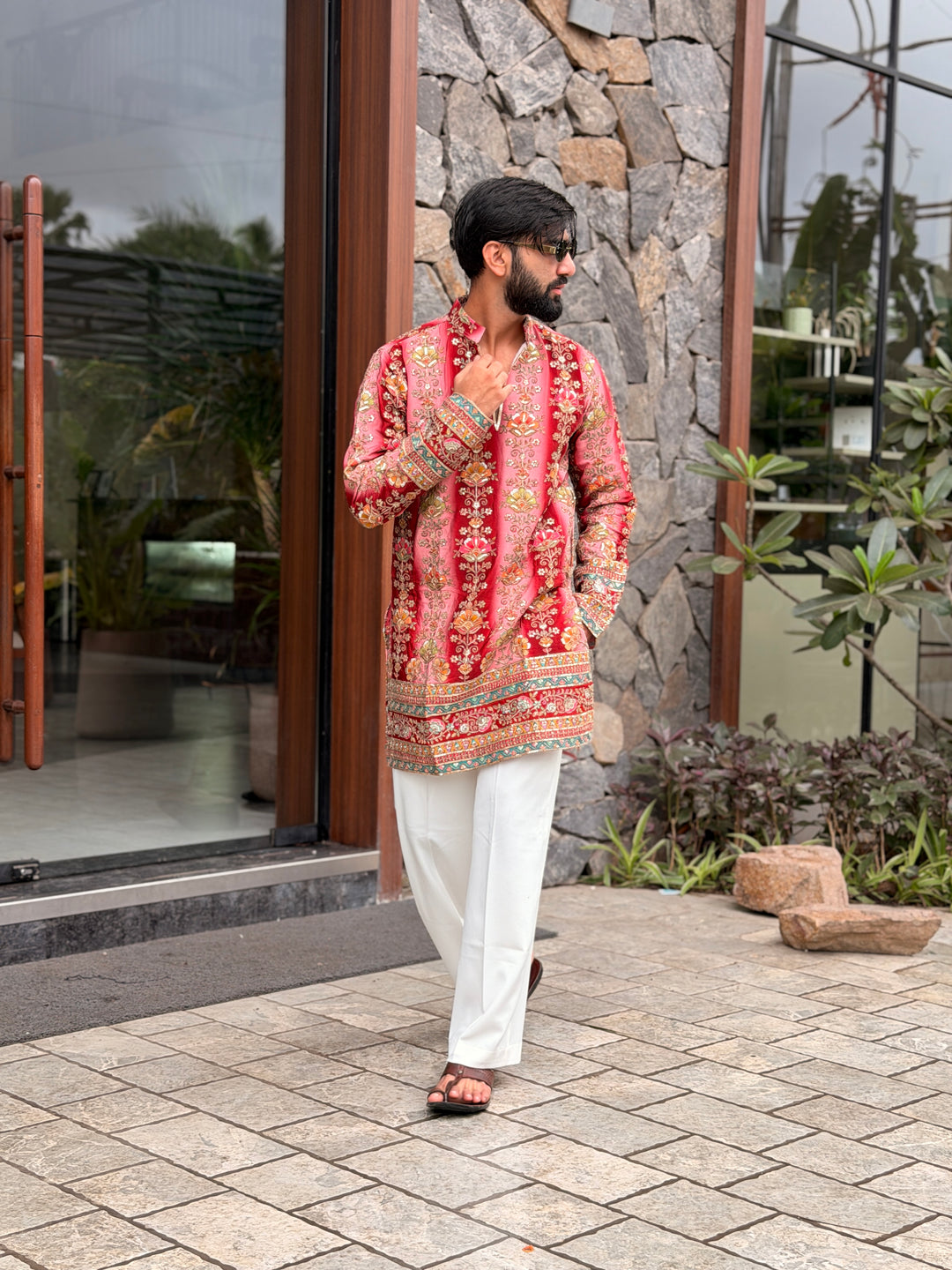 RED FLORAL POSITION EMBROIDERED KURTA
