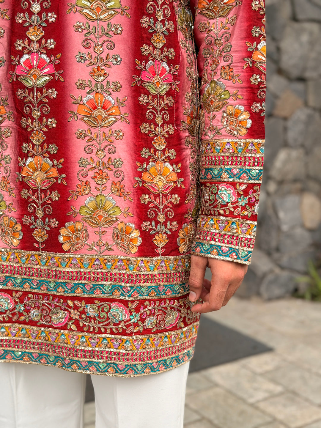 RED FLORAL POSITION EMBROIDERED KURTA