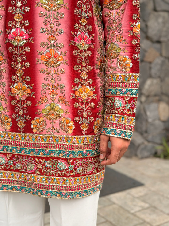 RED FLORAL POSITION EMBROIDERED KURTA