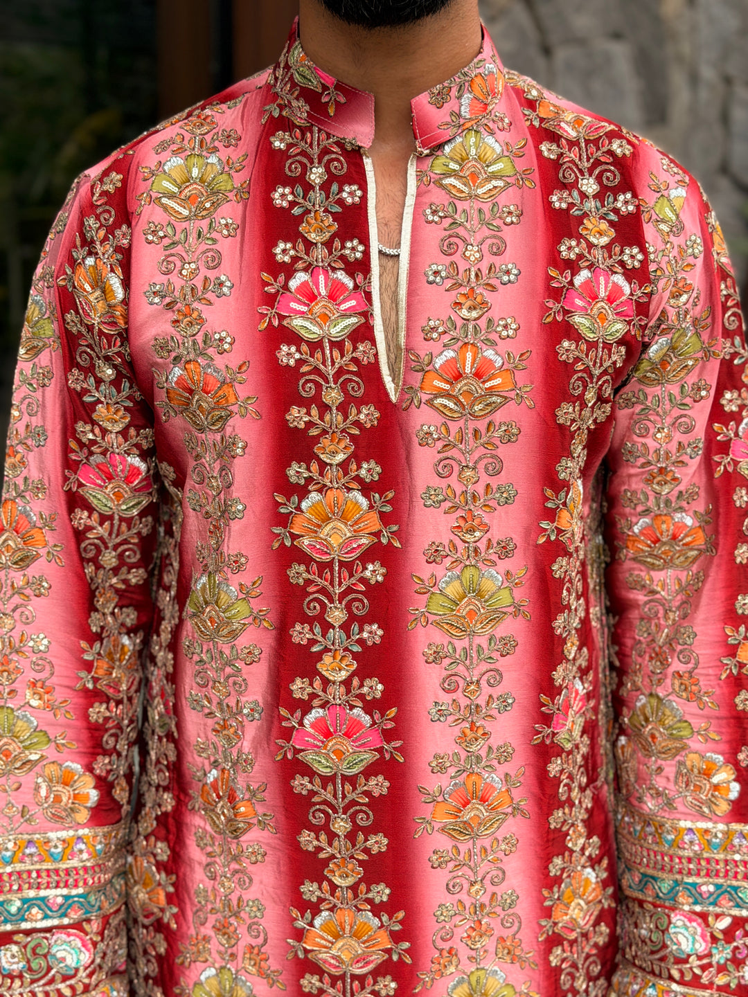 RED FLORAL POSITION EMBROIDERED KURTA