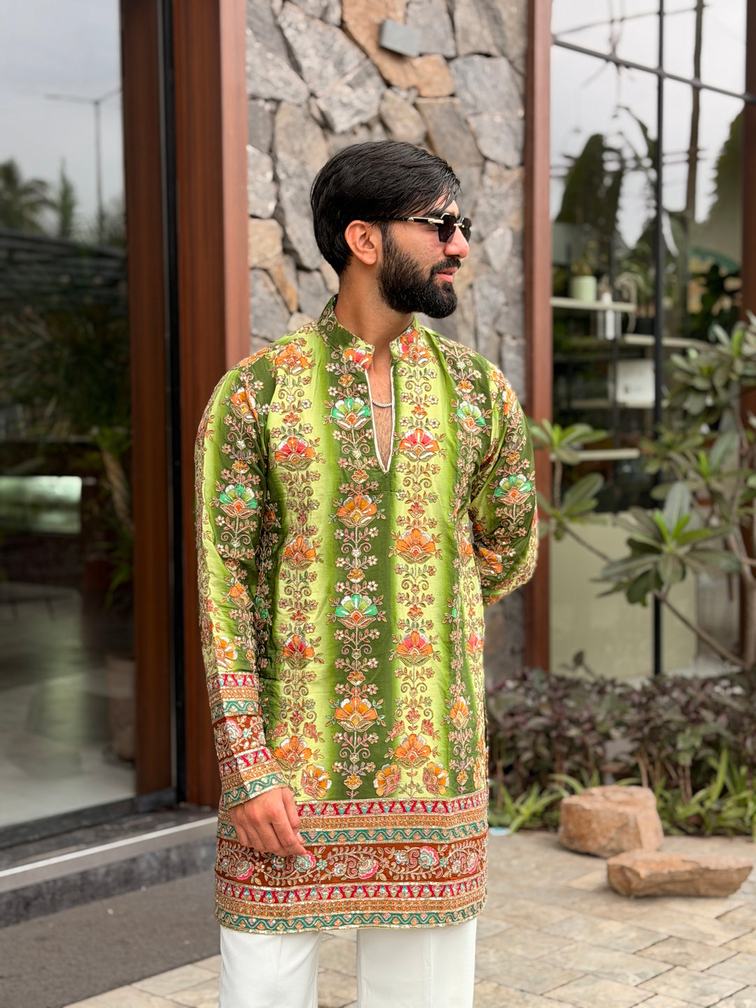 GREEN FLORAL POSITION EMBROIDERED KURTA