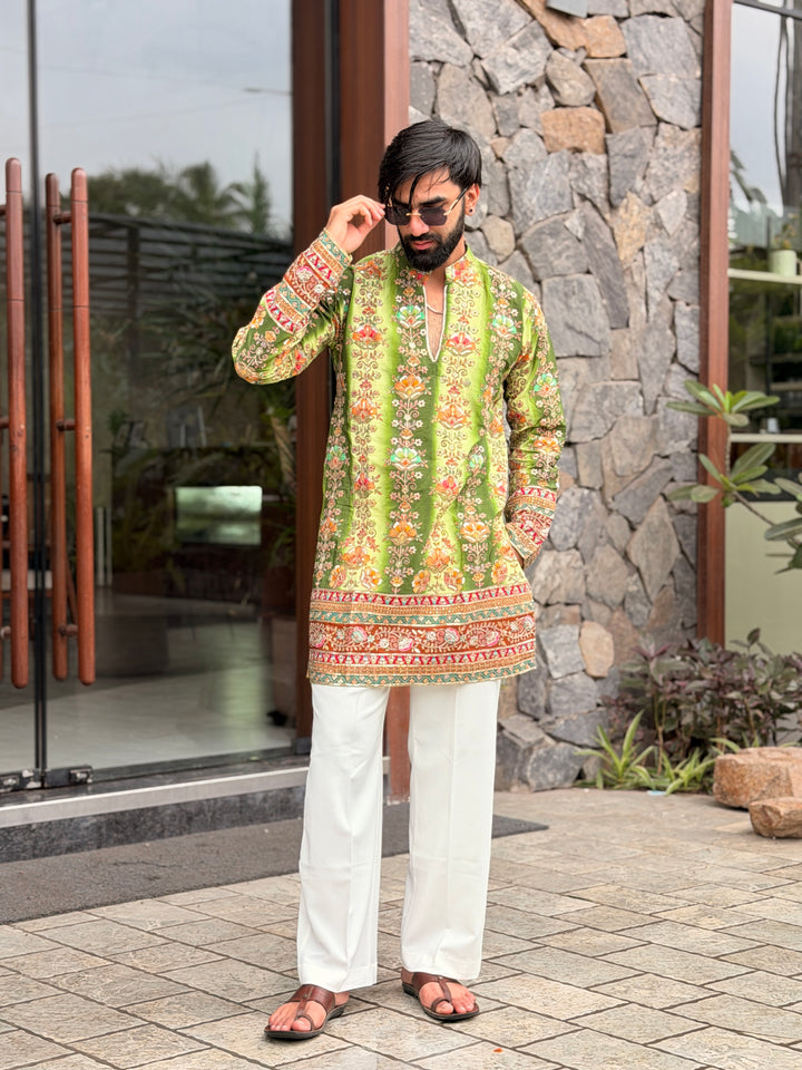 GREEN FLORAL POSITION EMBROIDERED KURTA