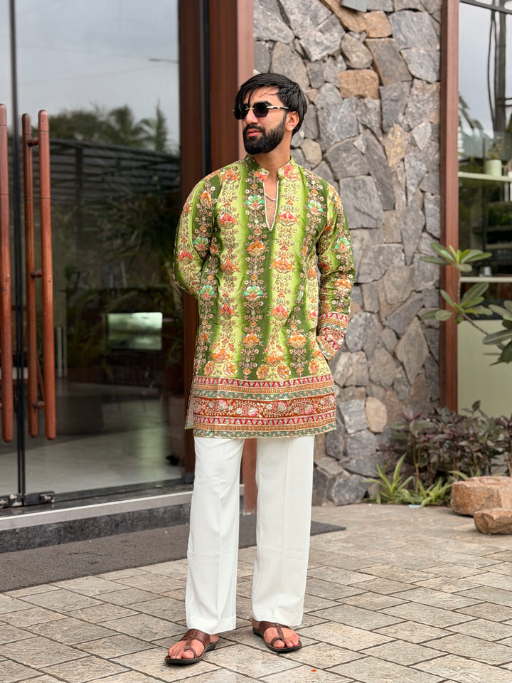 GREEN FLORAL POSITION EMBROIDERED KURTA