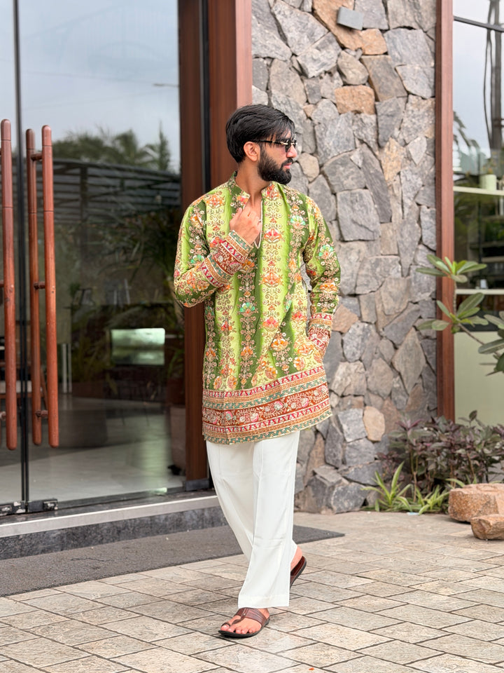 GREEN FLORAL POSITION EMBROIDERED KURTA